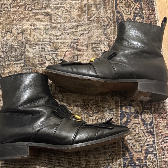 Gucci Mens Black Leather Fringe Ankle Boots with Gold Horsebit